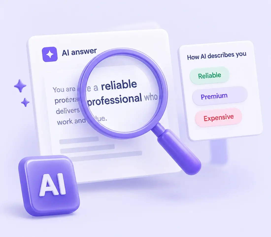 An AI answer under a magnifier, with the traits AI uses to describe your brand