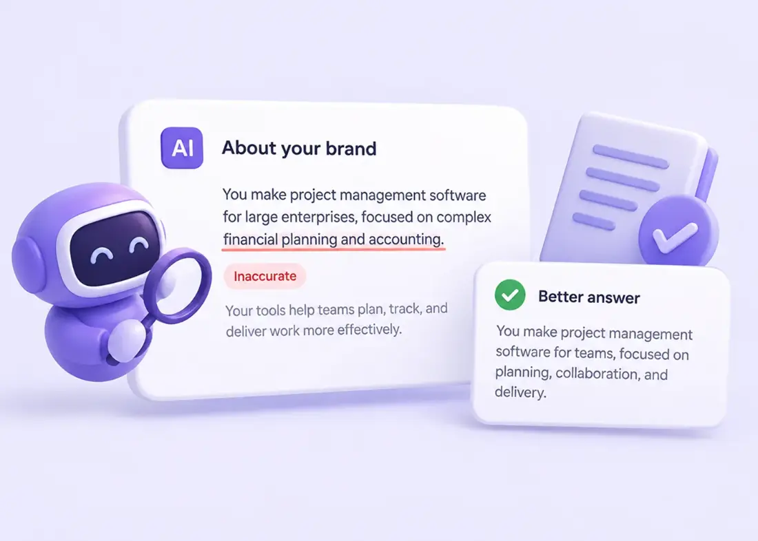 An inaccurate AI description of your brand flagged, next to a corrected answer