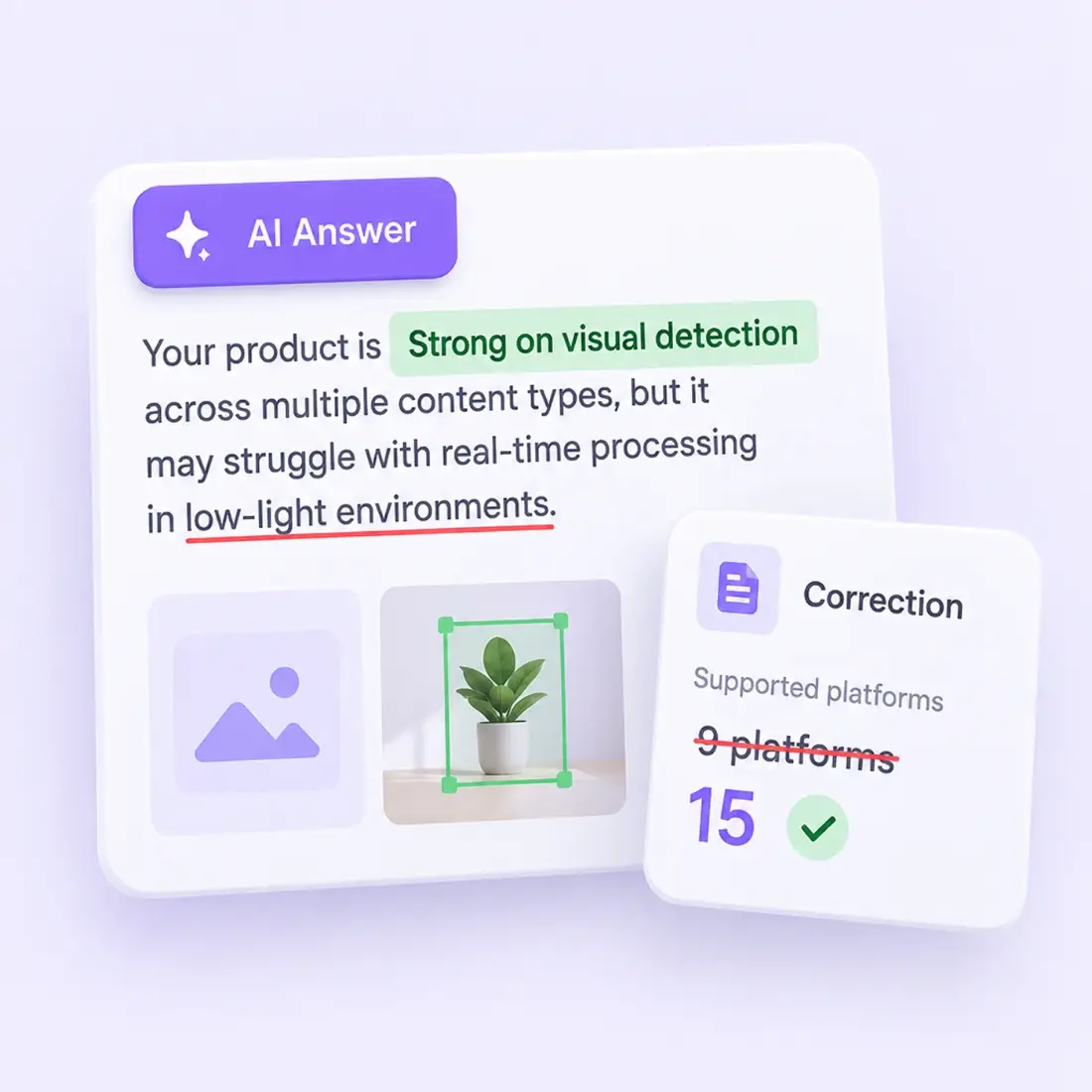 An AI answer with an accurate claim highlighted and a wrong platform count corrected from 9 to 15
