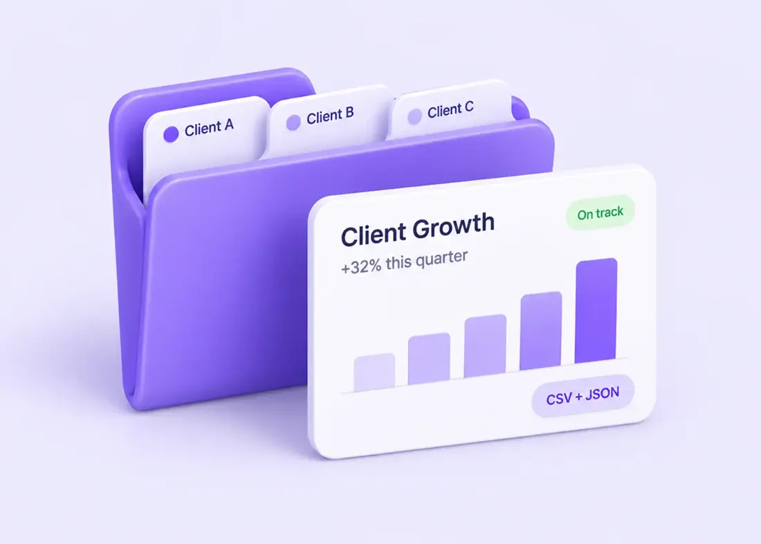 Client folders with a client growth report ready to export