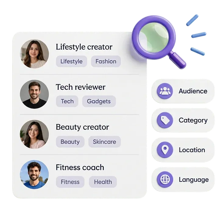 Creator search results filtered by audience, category, location and language