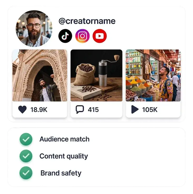 Creator profile with recent posts and checks for audience match, content quality and brand safety