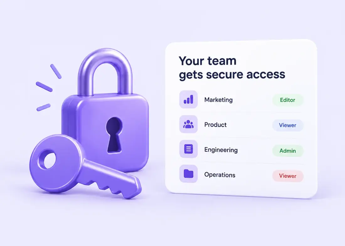 A lock and key beside team workspaces with role-based access