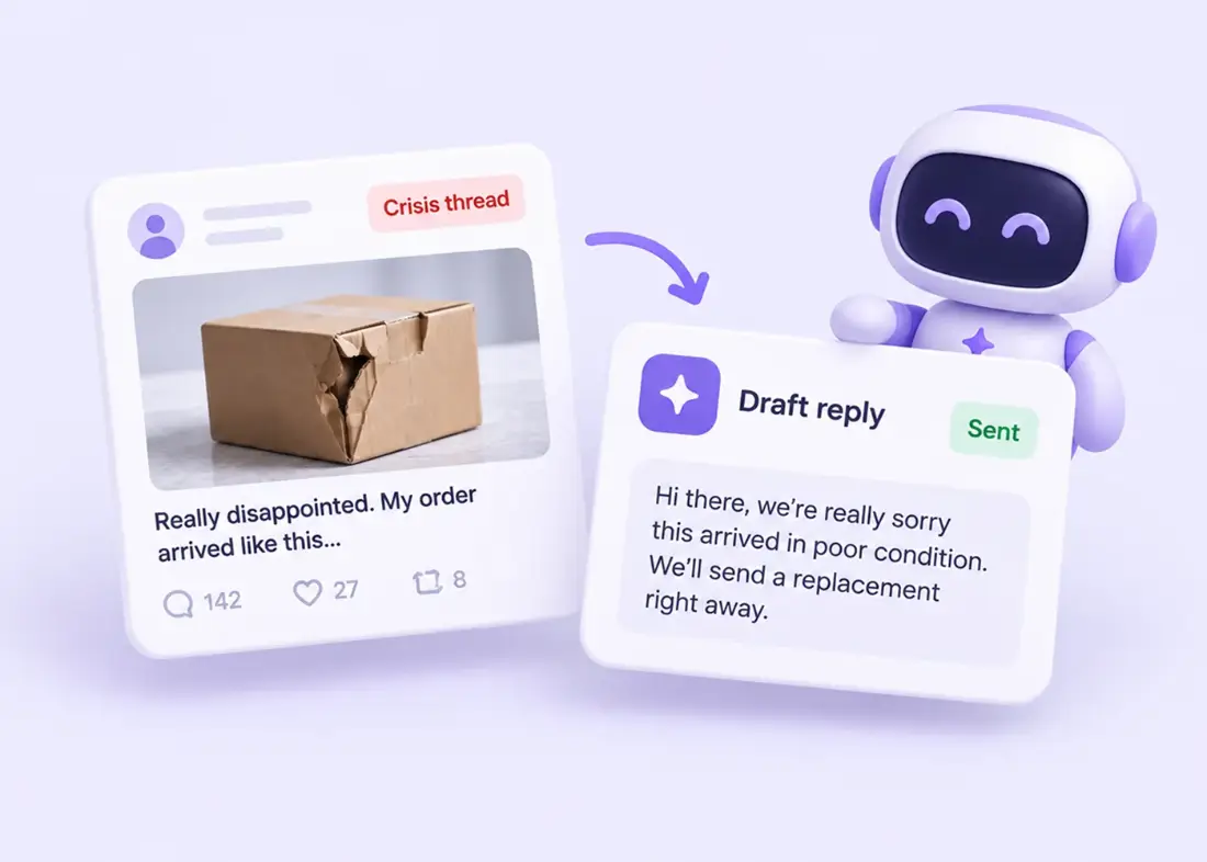 A complaint flagged as a crisis thread, with an AI-drafted reply sent