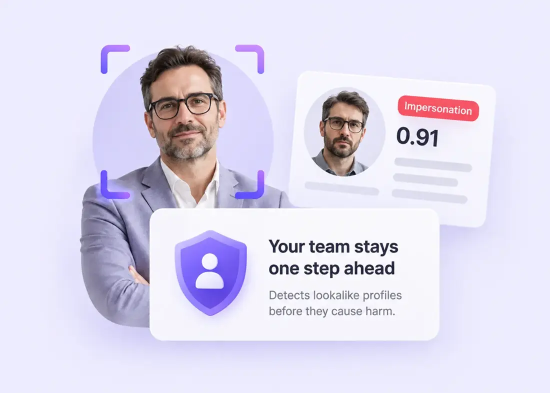 An executive protected from a lookalike impersonation profile flagged at 0.91