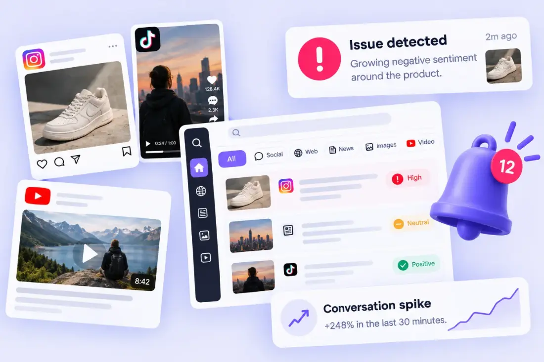 Mentions from Instagram, TikTok, YouTube and news in one feed, with an Issue detected alert
